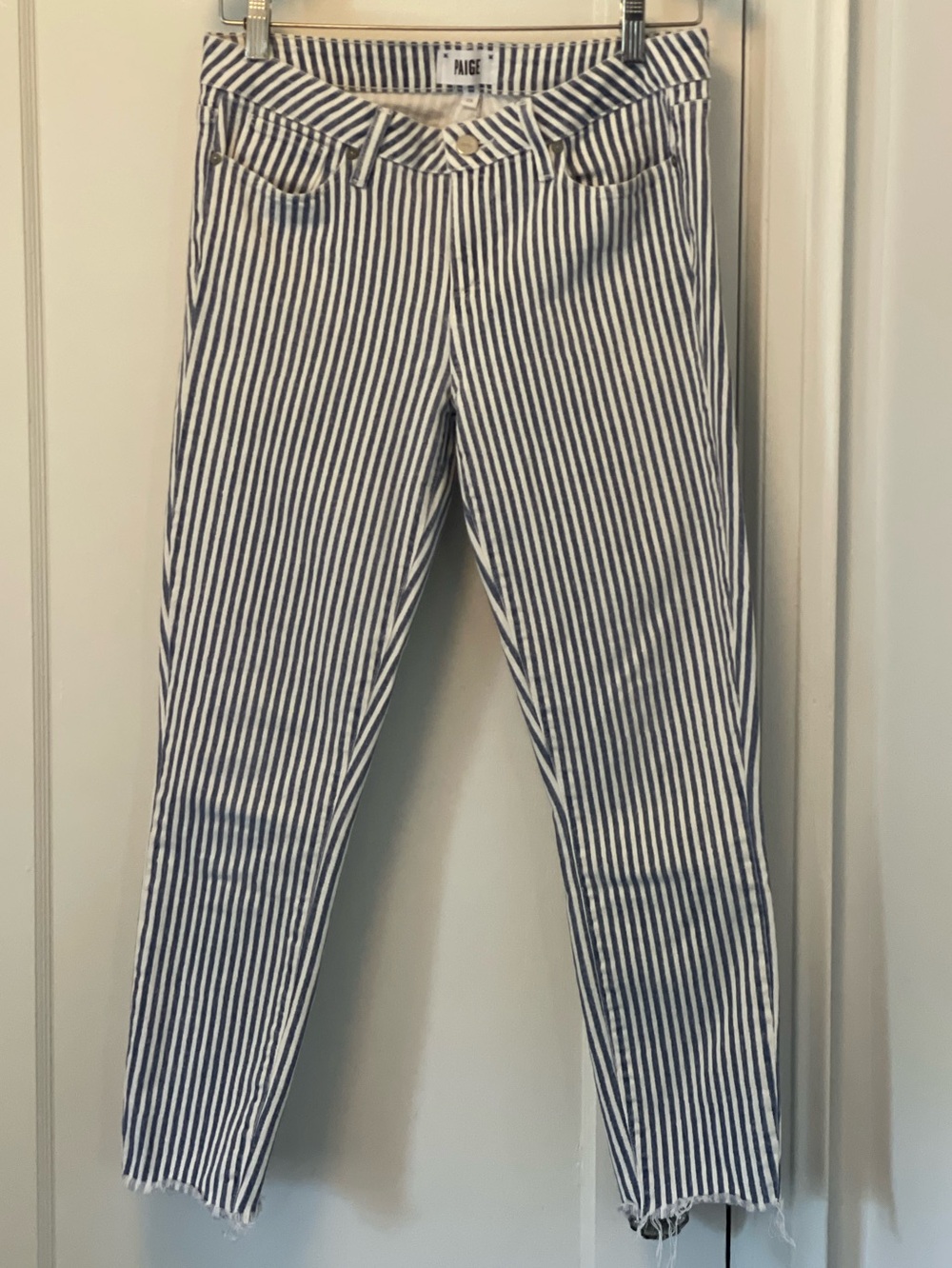 PAIGE Blue and White Striped Denim Jeans